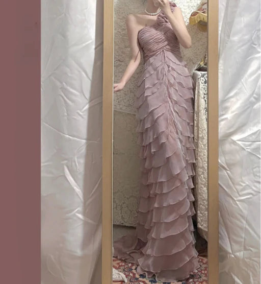 Tender Pink Chiffon Pleated One Shoulder 3D Flower Layered Mermaid Prom Dress Pink  Homecoming Dress
