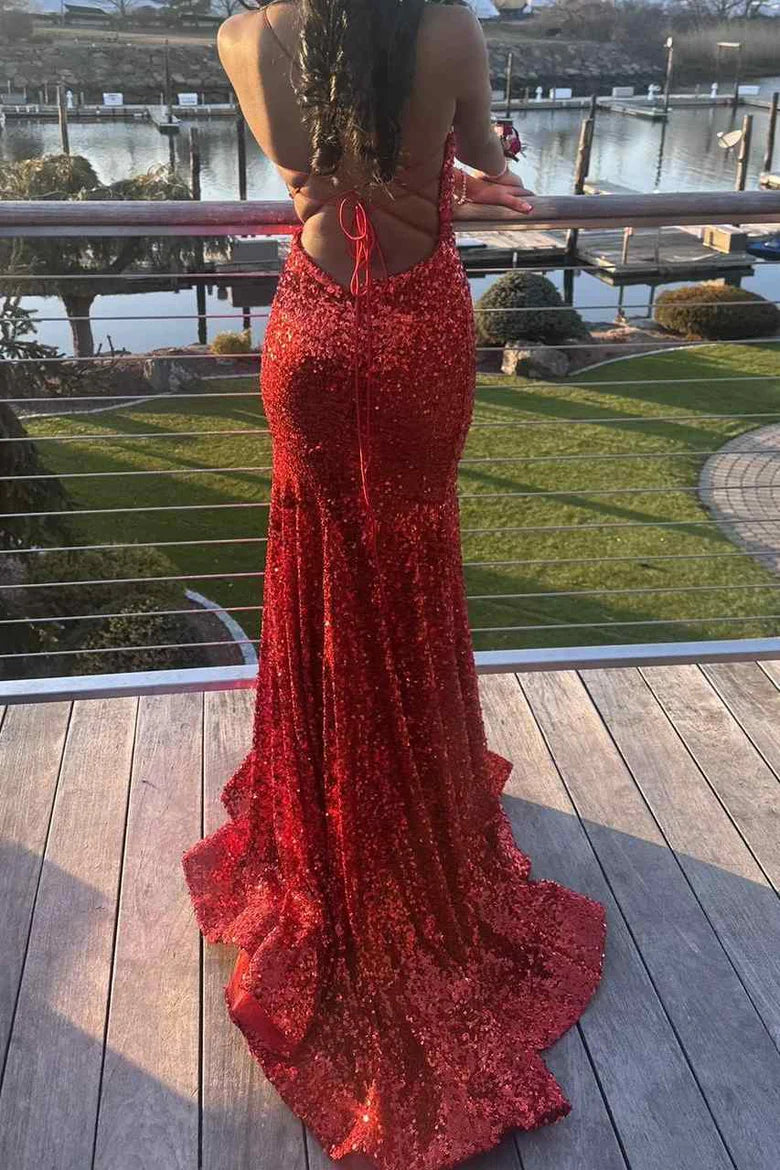 Tie-Drawn Glitter Sequin Spaghetti Strap V Neck Mermaid Long Ball Gown