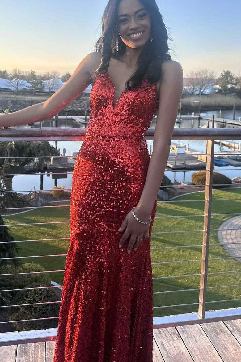 Tie-Drawn Glitter Sequin Spaghetti Strap V Neck Mermaid Long Ball Gown