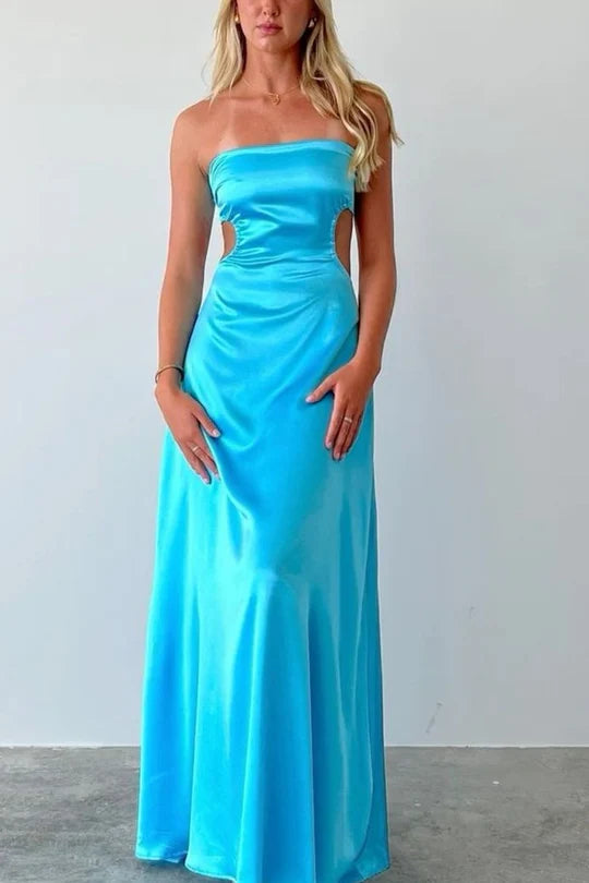 Tie-Up Blue Halter Backless Off-Shoulder A-Line Round Neck Pleated Satin Long Party Ball Gown