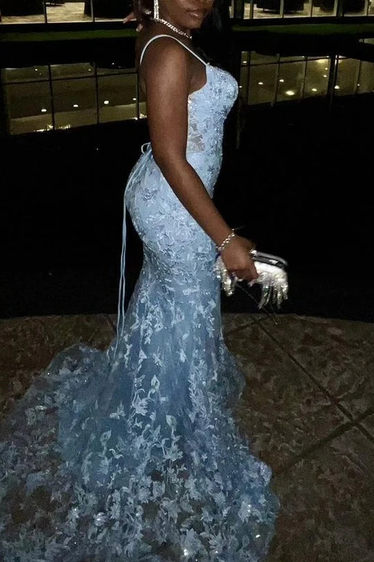 Tie Blue Spaghetti Strap Lace Applique Mermaid Sleeveless Long Ball Gown