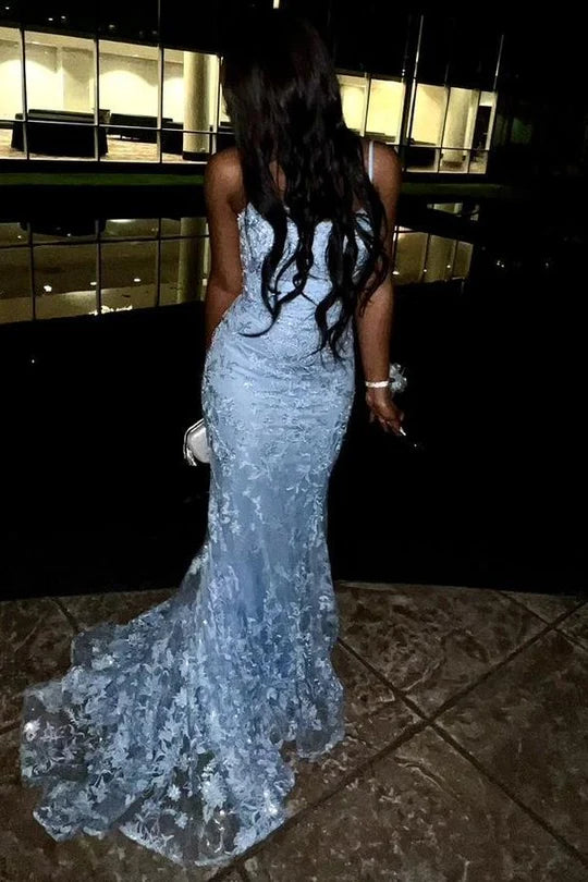Tie Blue Spaghetti Strap Lace Applique Mermaid Sleeveless Long Ball Gown