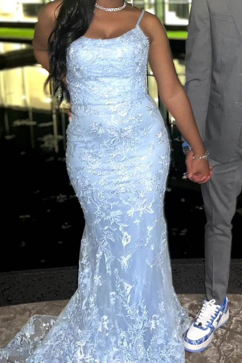 Tie Blue Spaghetti Strap Lace Applique Mermaid Sleeveless Long Ball Gown
