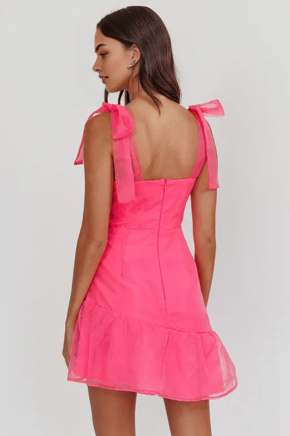 Tie Shoulder Bow Cutout Hot Pink Mini Homecoming Dress With Ruffle Hem