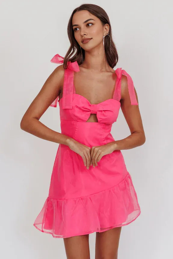 Tie Shoulder Bow Cutout Hot Pink Mini Homecoming Dress With Ruffle Hem