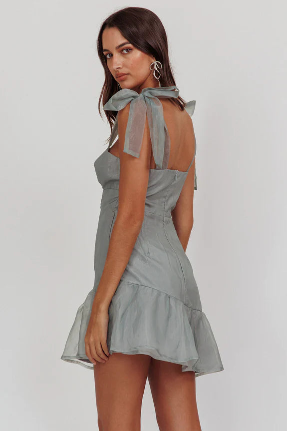 Tie Shoulder Bow Cutout Steel Grey Mini Homecoming Dress With Ruffle Hem