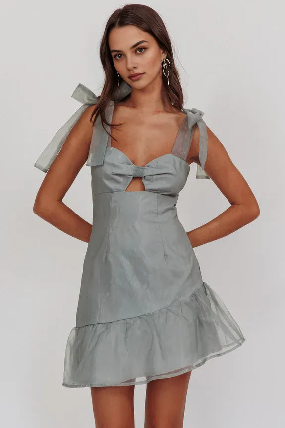 Tie Shoulder Bow Cutout Steel Grey Mini Homecoming Dress With Ruffle Hem
