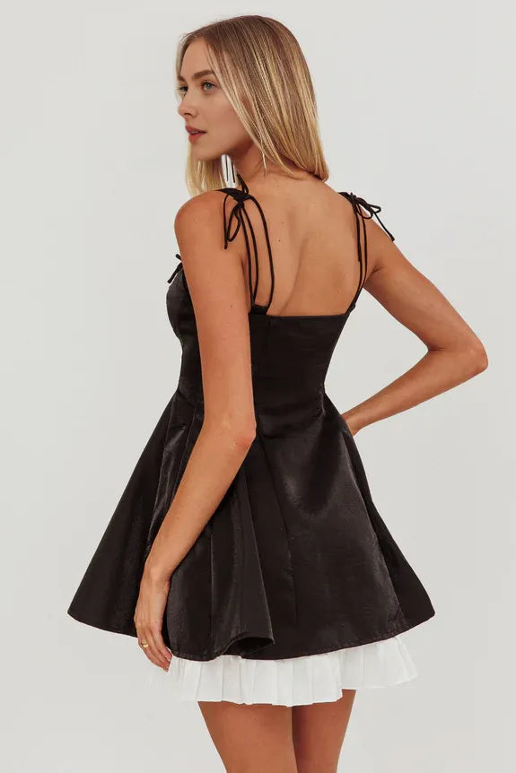 Tie Shoulder Fit And Flare Ruffle Black Mini Homecoming Dress With Bow