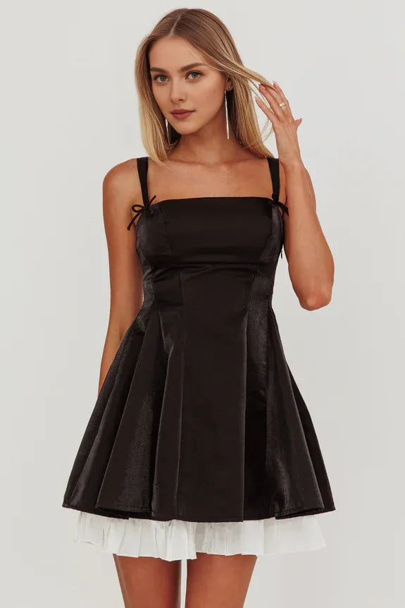 Tie Shoulder Fit And Flare Ruffle Black Mini Homecoming Dress With Bow