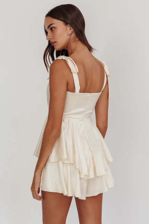 Tie Strap Bow Rosette Pleated Ruffle Tiered Champagne Homecoming Romper