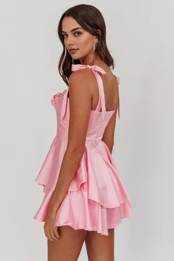 Tie Strap Bow Rosette Pleated Ruffle Tiered Pink Homecoming Romper