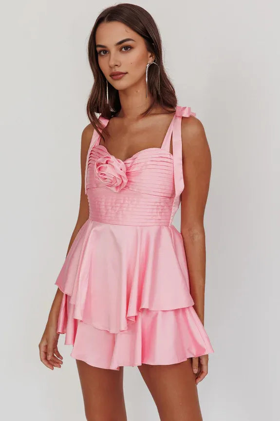 Tie Strap Bow Rosette Pleated Ruffle Tiered Pink Homecoming Romper