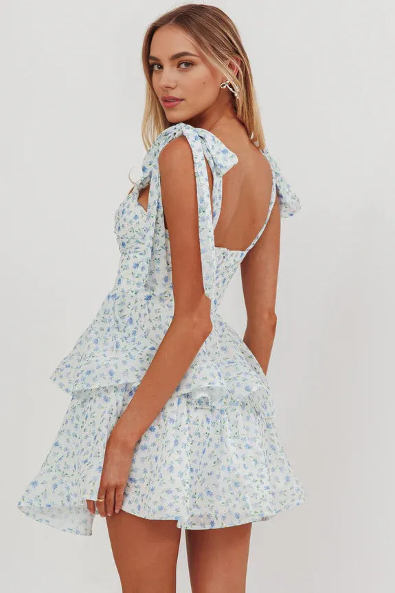 Tied Shoulder Ruffle Keyhole Tiered Floral Blue Mini Homecoming Dress