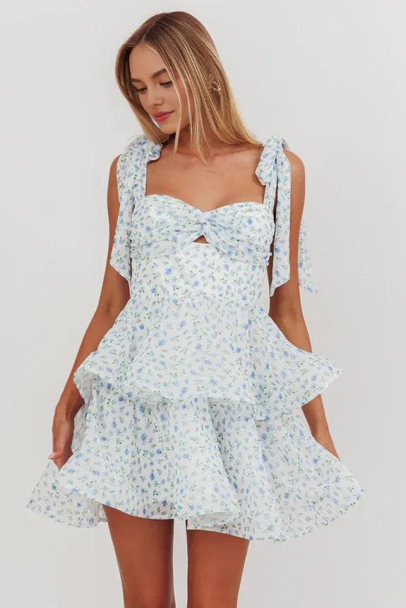 Tied Shoulder Ruffle Keyhole Tiered Floral Blue Mini Homecoming Dress