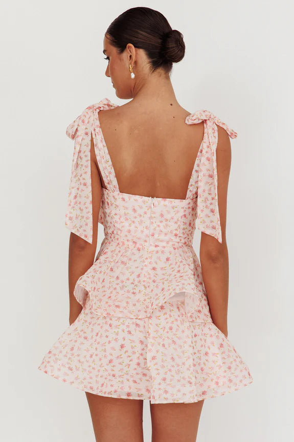Tied Shoulder Ruffle Keyhole Tiered Floral Peach Mini Homecoming Dress