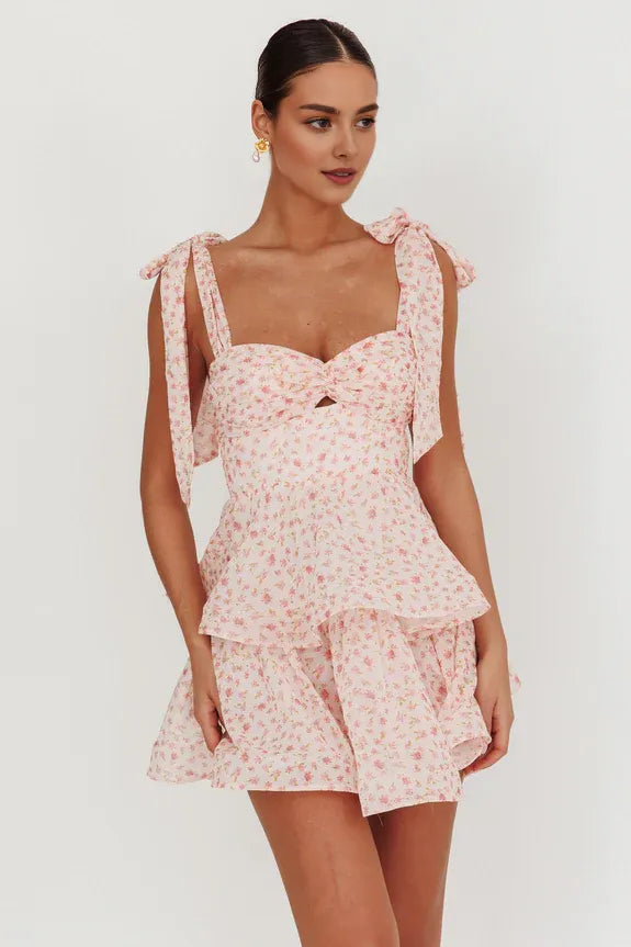 Tied Shoulder Ruffle Keyhole Tiered Floral Peach Mini Homecoming Dress