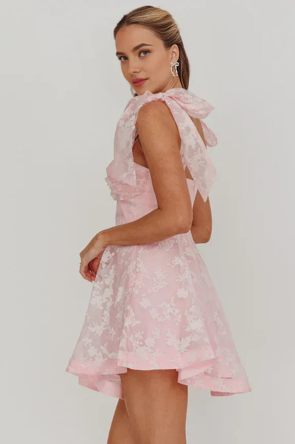 Tied Shoulders Keyhole Jacquard Organza Blush Mini Homecoming Dress