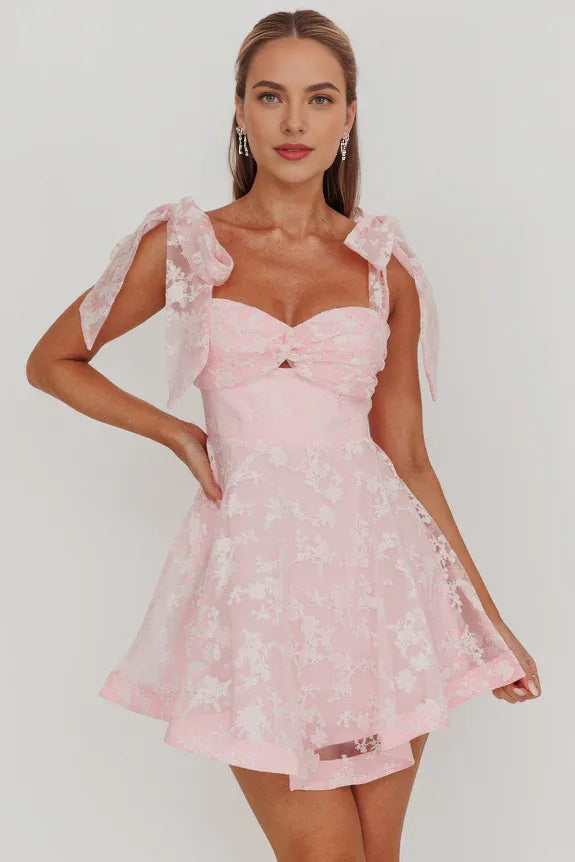 Tied Shoulders Keyhole Jacquard Organza Blush Mini Homecoming Dress