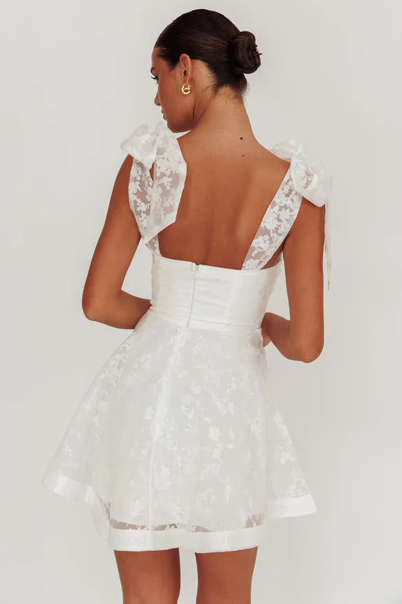 Tied Shoulders Keyhole Jacquard Organza White Mini Homecoming Dress