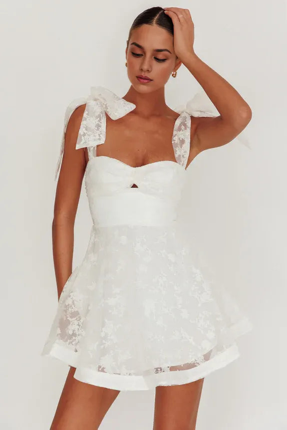 Tied Shoulders Keyhole Jacquard Organza White Mini Homecoming Dress