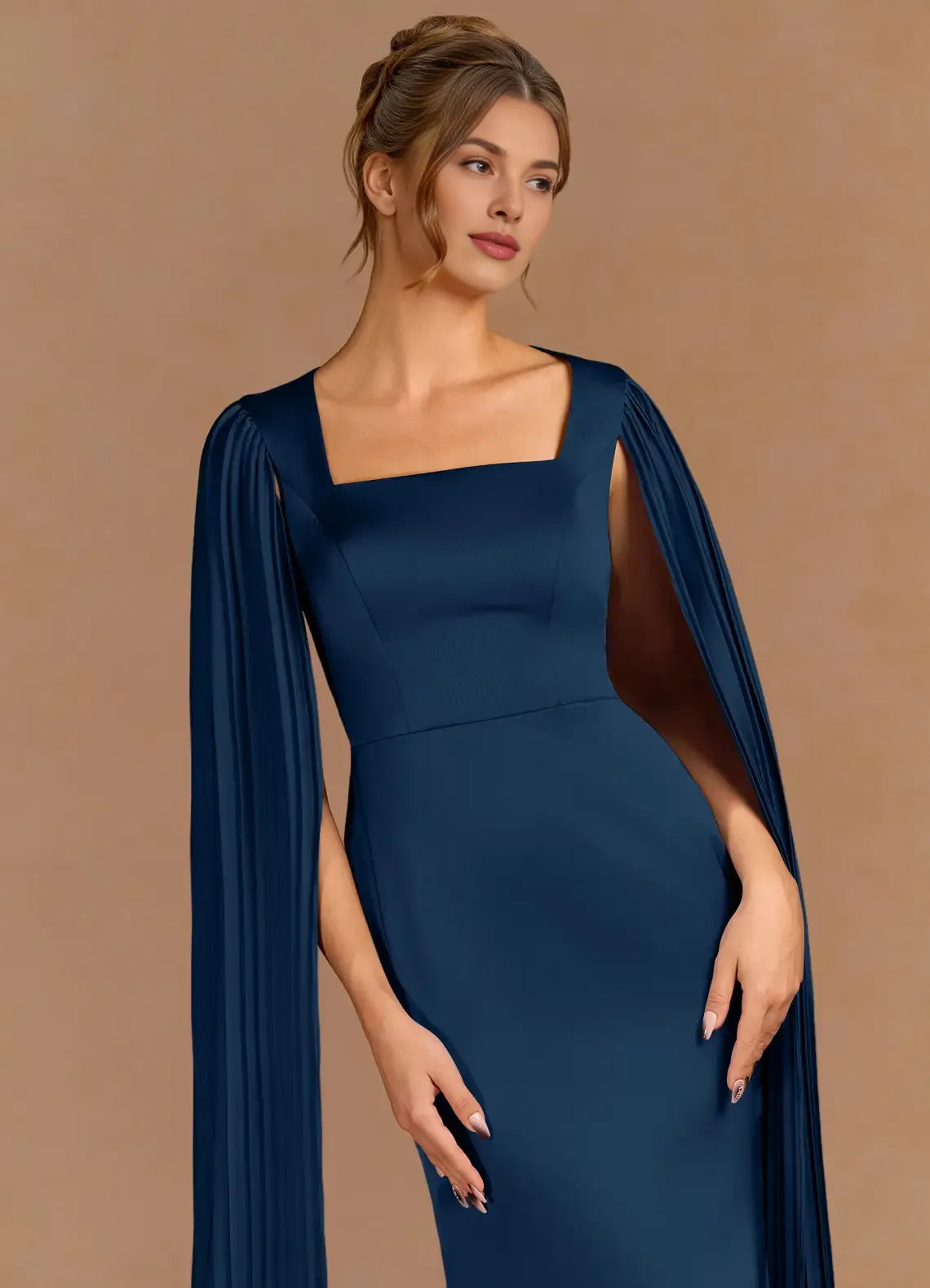 Top-Quality Fabric Sheath Square Neck Cap Sleeves Satin Navy Maxi Evening Dress