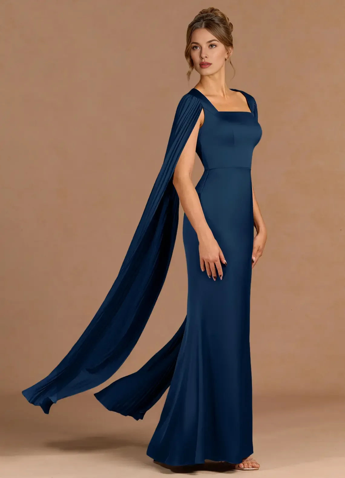 Top-Quality Fabric Sheath Square Neck Cap Sleeves Satin Navy Maxi Evening Dress