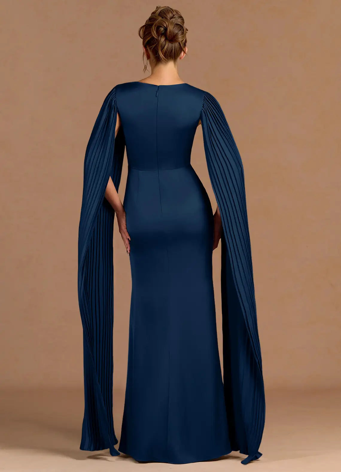Top-Quality Fabric Sheath Square Neck Cap Sleeves Satin Navy Maxi Evening Dress