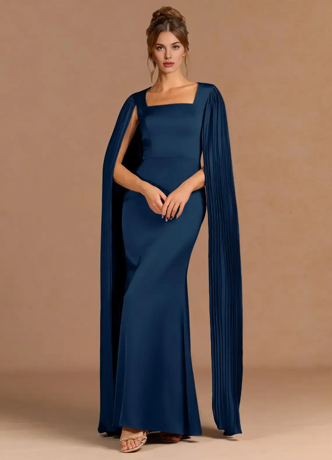 Top-Quality Fabric Sheath Square Neck Cap Sleeves Satin Navy Maxi Evening Dress
