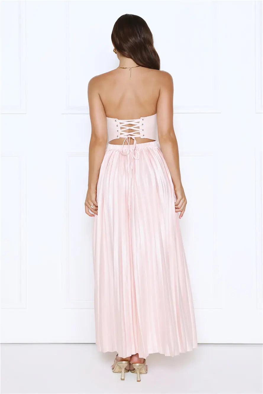 Top-quality Fabric A-line Strapless Pleated Satin Pink Ankle Length Prom Dress