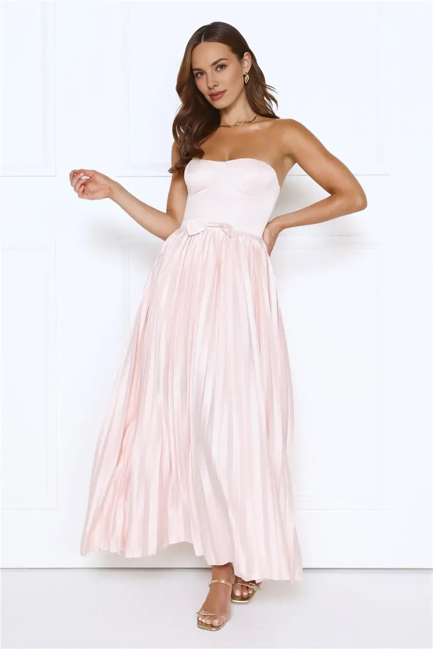 Top-quality Fabric A-line Strapless Pleated Satin Pink Ankle Length Prom Dress
