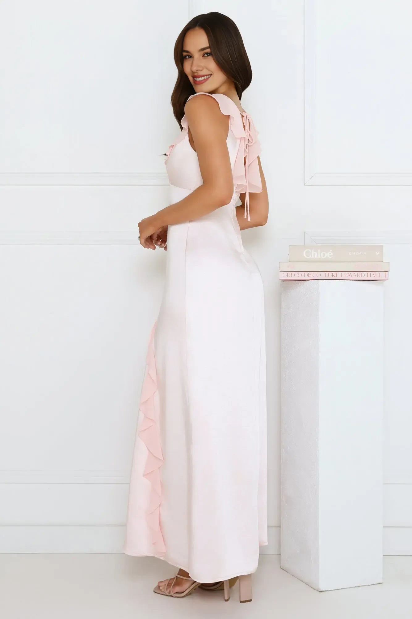 Top-quality Fabric V-Neck Ruffle Tie Satin Pink Maxi Evening Dress For Ladies
