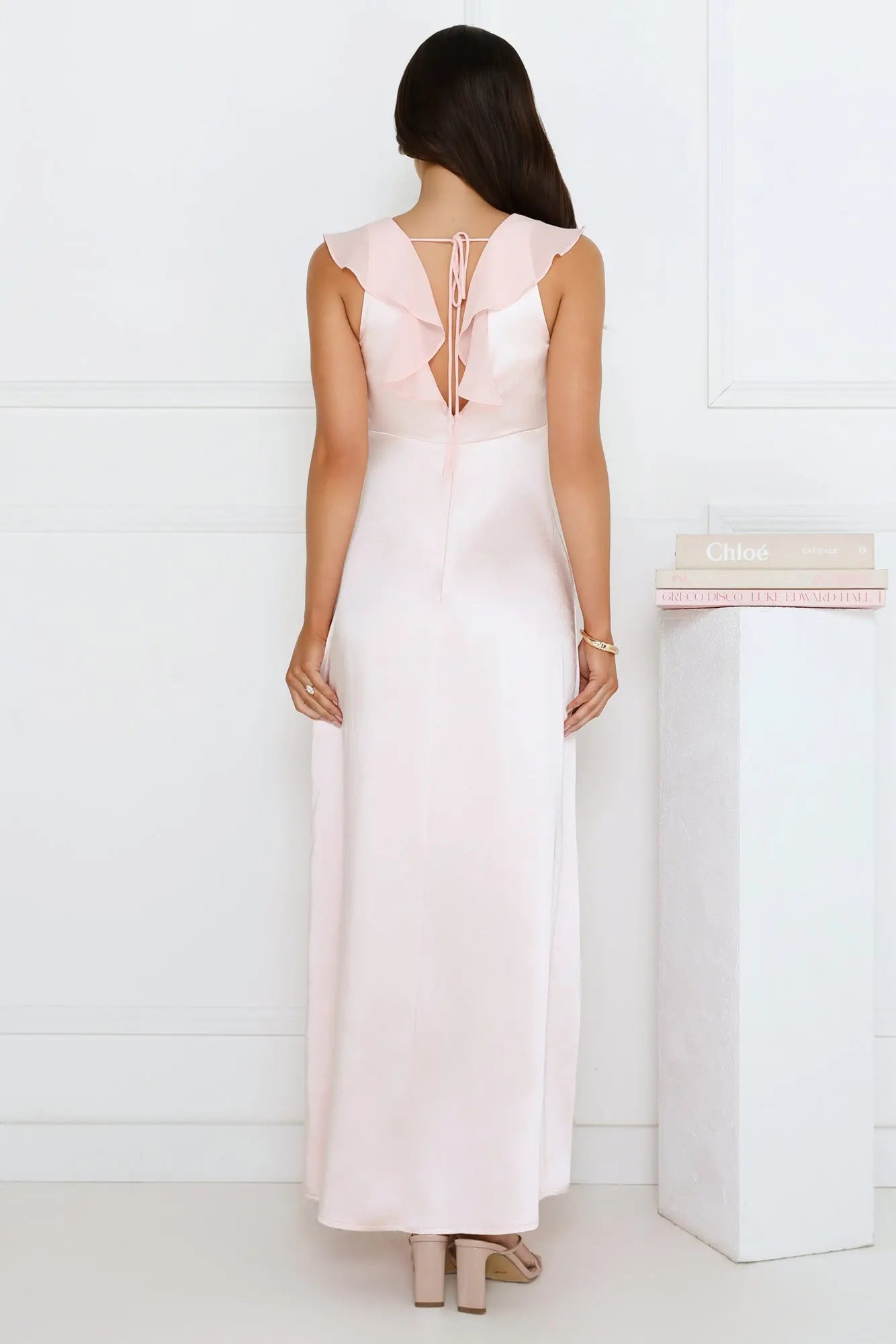 Top-quality Fabric V-Neck Ruffle Tie Satin Pink Maxi Evening Dress For Ladies