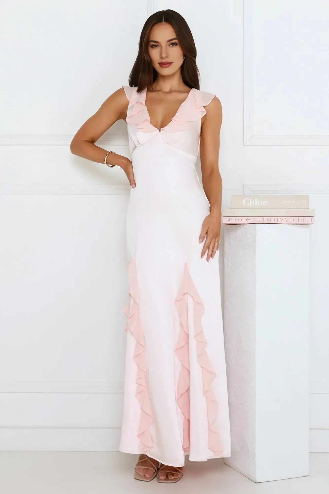 Top-quality Fabric V-Neck Ruffle Tie Satin Pink Maxi Evening Dress For Ladies