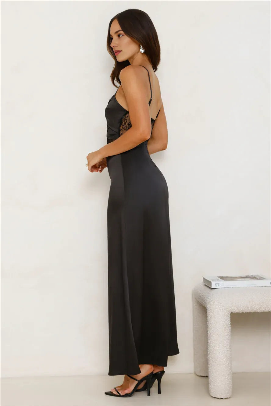 Trend Mermaid Spaghetti Straps Sleeveless Satin Lace Black Maxi Evening Dress