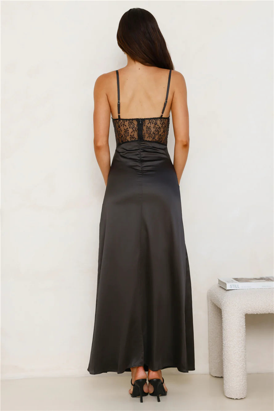 Trend Mermaid Spaghetti Straps Sleeveless Satin Lace Black Maxi Evening Dress