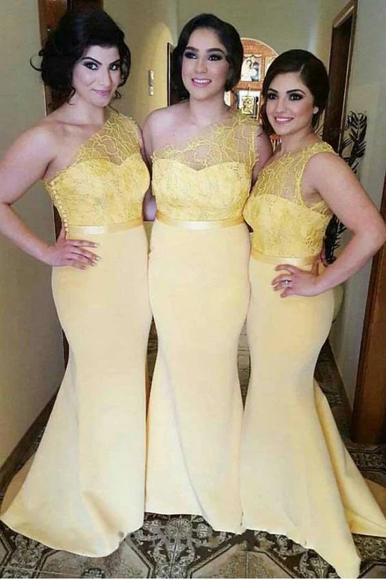 Trumpet Yellow One Shoulder Sleeveless Affordable Lace Bridesmaid Dress Prom Dress With Sweep Train