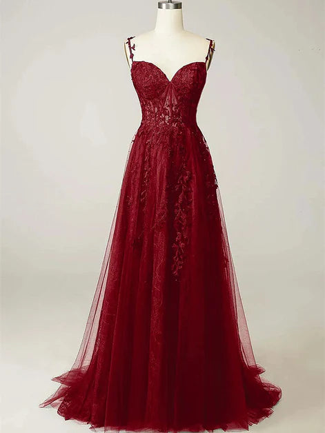 Tulle A-line Beaded Floor V Neck Length Party Dress Prom Dress