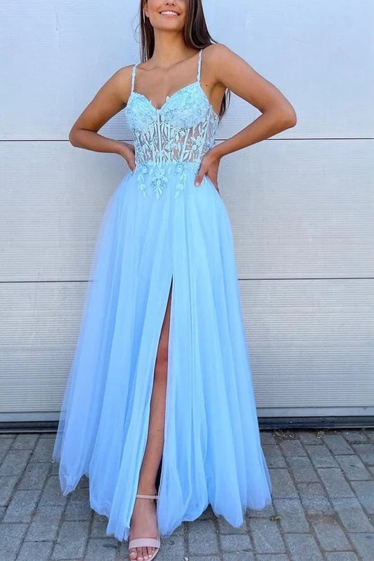 Tulle Blue Spaghetti Straps V-Neck Lace Appliques Long Prom Dress with Slit