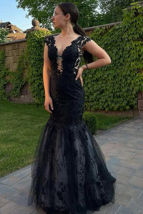 Tulle Elegant Black Deep V Neck Lace Applique Mermaid Formal Prom Dress