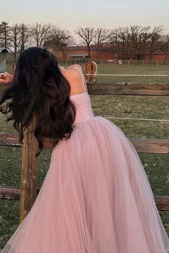Pink Tulle Strapless Ankle Length A-Line Scoop Long Prom Formal Dress