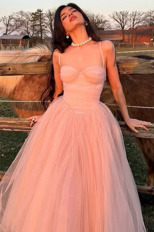 Pink Tulle Strapless Ankle Length A-Line Scoop Long Prom Formal Dress