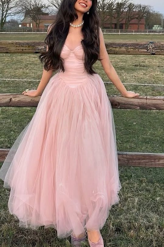 Pink Tulle Strapless Ankle Length A-Line Scoop Long Prom Formal Dress