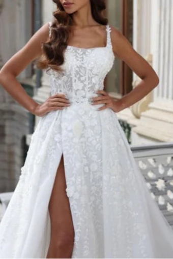 Tulle Floral Lace Aline Wedding Dress Square neck Sweep Train Sleeveless Bridal Dress With High Slit