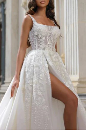Tulle Floral Lace Aline Wedding Dress Square neck Sweep Train Sleeveless Bridal Dress With High Slit