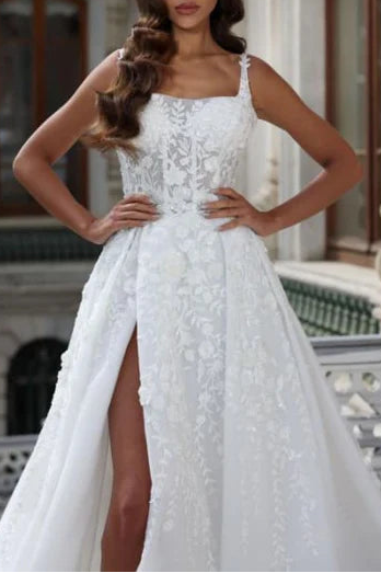 Tulle Floral Lace Aline Wedding Dress Square neck Sweep Train Sleeveless Bridal Dress With High Slit
