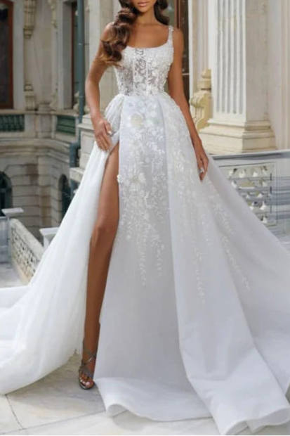 Tulle Floral Lace Aline Wedding Dress Square neck Sweep Train Sleeveless Bridal Dress With High Slit