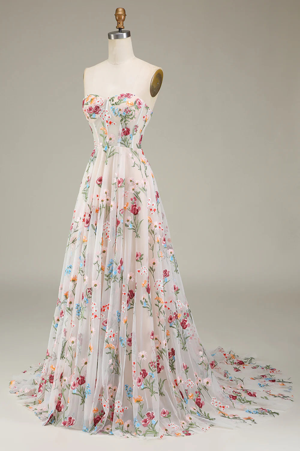 Tulle Flower A-Line Corset Sleeveless Back Lace-up Long Prom Dress With Train