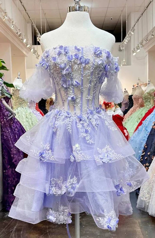 Tulle Lace Appliques A-Line Strapless Ruffles Empire-Waist Short Homecoming Dress