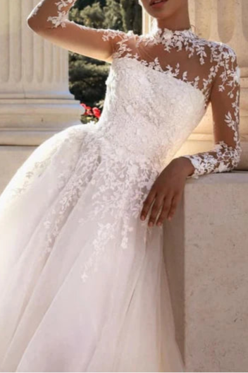 Tulle Lace High Neck Long Sleeves Aline Floor Length Wedding Dress With Appliques Long Bridal Gown
