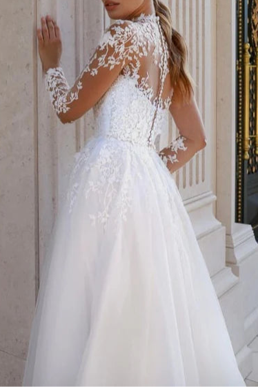 Tulle Lace High Neck Long Sleeves Aline Floor Length Wedding Dress With Appliques Long Bridal Gown